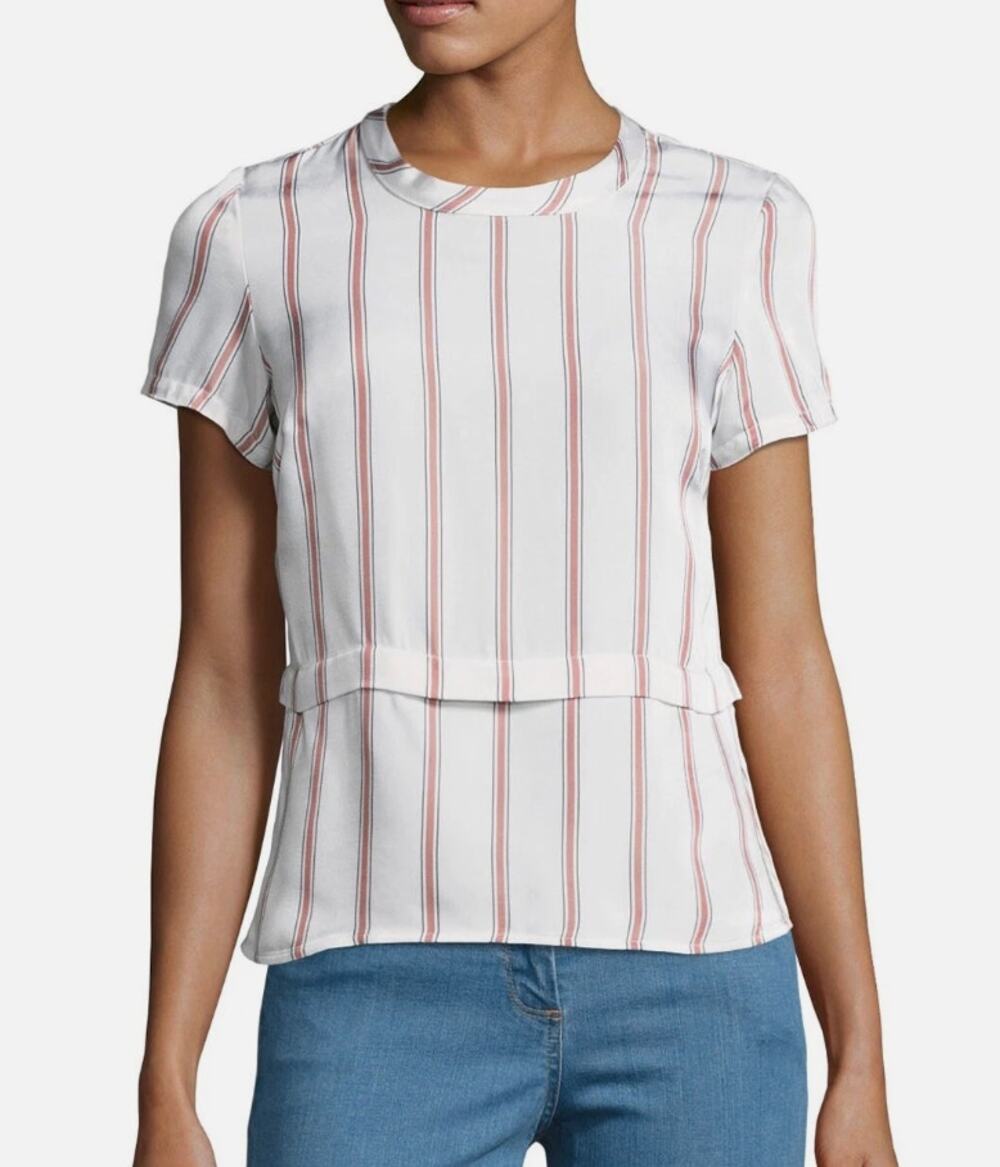 VERONICA BEARD Women's Short Sleeve Blouse Size 6 Cream Mauve Striped Bossgirl